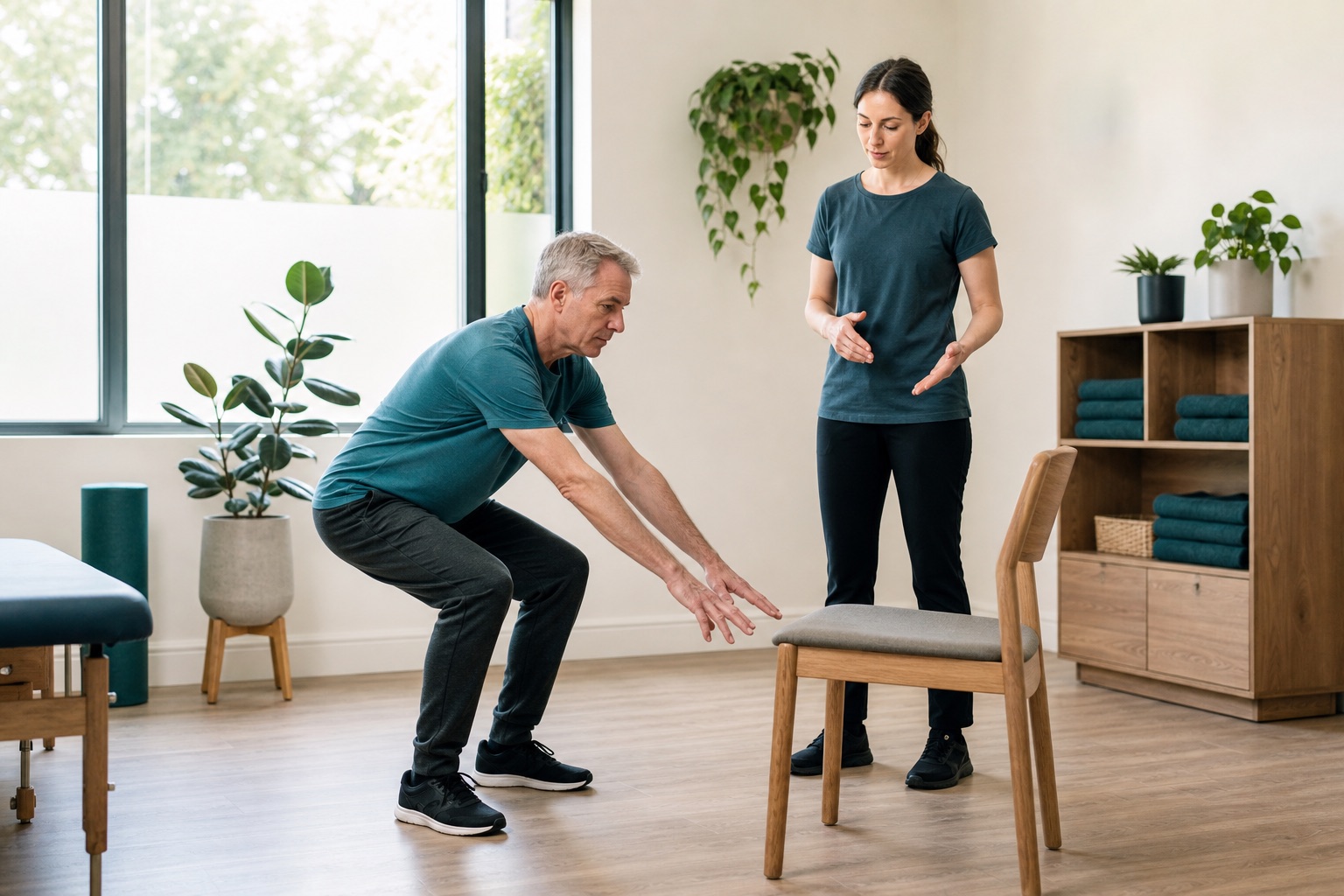 A physiotherapist coaching an adult through a controlled sit-to-stand movement