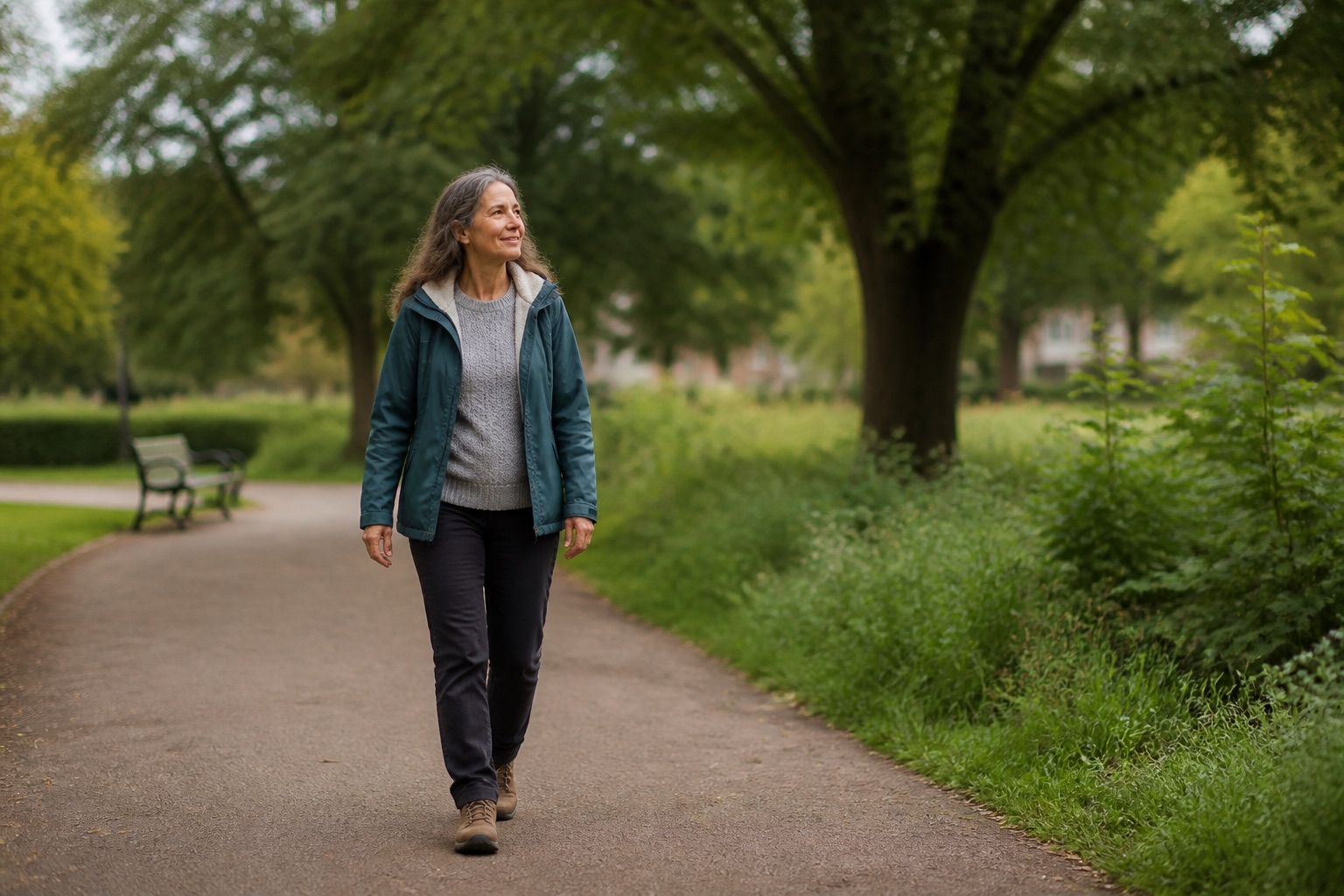 An adult taking a relaxed walk on a tree-lined path